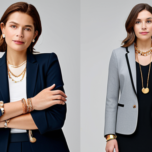 A fashionable professional woman, fully clothed in a modest, elegant blazer, standing confidently in a bright, modern art gallery. She showcases a curated collection of layered necklaces in mixed metals, featuring polished gold, shimmering silver, and subtle rose gold chains of varying lengths and thicknesses. Her bracelets and rings also subtly combine these metals, displaying well-formed hands with proper finger count and natural body proportions. The scene is captured with professional studio lighting, emphasizing the sophisticated interplay of the jewelry. safe for work, appropriate content, family-friendly, perfect anatomy, correct proportions, natural pose, well-formed hands, high quality.