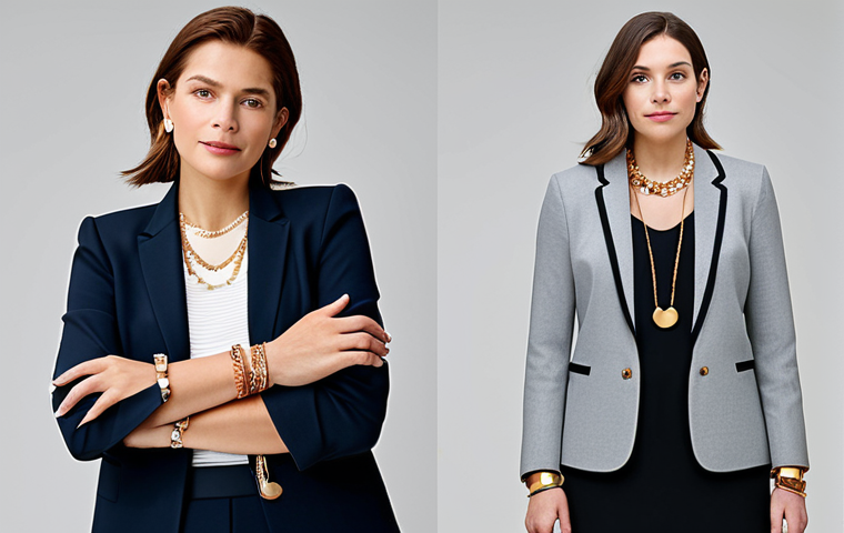 A fashionable professional woman, fully clothed in a modest, elegant blazer, standing confidently in a bright, modern art gallery. She showcases a curated collection of layered necklaces in mixed metals, featuring polished gold, shimmering silver, and subtle rose gold chains of varying lengths and thicknesses. Her bracelets and rings also subtly combine these metals, displaying well-formed hands with proper finger count and natural body proportions. The scene is captured with professional studio lighting, emphasizing the sophisticated interplay of the jewelry. safe for work, appropriate content, family-friendly, perfect anatomy, correct proportions, natural pose, well-formed hands, high quality.