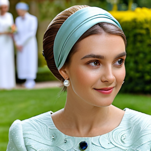 Home 19 Elegant Headband**
A woman with styled hair, wearing a silk turban-style headband with pearl embellishments. She is fully clothed in a modest, chic outfit suitable for a daytime event. Background is a softly blurred garden party setting. Perfect anatomy, correct proportions, natural pose. High quality, professional photography, safe for work, appropriate content, fully clothed, modest, family-friendly.
**