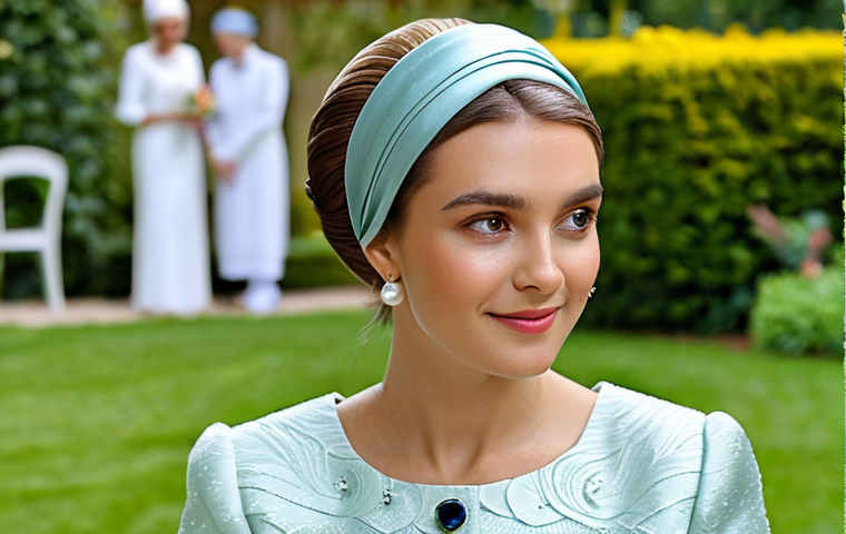 Elegant Headband**
A woman with styled hair, wearing a silk turban-style headband with pearl embellishments. She is fully clothed in a modest, chic outfit suitable for a daytime event. Background is a softly blurred garden party setting. Perfect anatomy, correct proportions, natural pose. High quality, professional photography, safe for work, appropriate content, fully clothed, modest, family-friendly.
**