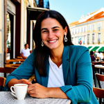 Everyday Elegance**

A woman with a friendly smile, wearing a modest, stylish casual outfit, accessorized with small Swarovski crystal stud earrings. She is sitting at an outdoor cafe in Lisbon, Portugal, enjoying a coffee. The background is a bustling, sunlit street scene.  safe for work, appropriate content, fully clothed, professional photography, perfect anatomy, correct proportions, well-formed hands, proper finger count, natural body proportions, family-friendly.

**