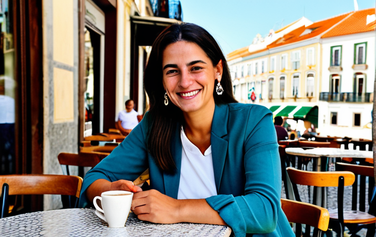 Everyday Elegance**
A woman with a friendly smile, wearing a modest, stylish casual outfit, accessorized with small Swarovski crystal stud earrings. She is sitting at an outdoor cafe in Lisbon, Portugal, enjoying a coffee. The background is a bustling, sunlit street scene. safe for work, appropriate content, fully clothed, professional photography, perfect anatomy, correct proportions, well-formed hands, proper finger count, natural body proportions, family-friendly.
**