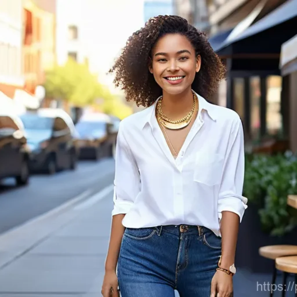 패셔너블한 체인 목걸이 추천 - **Prompt for layered chain necklaces in a casual chic setting:**
"A stylish young woman, mid-20s...
