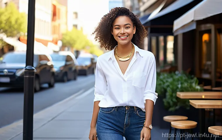 패셔너블한 체인 목걸이 추천 - **Prompt for layered chain necklaces in a casual chic setting:**
"A stylish young woman, mid-20s...