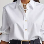 샤넬 브로치와 에르메스 브로치 비교 - ** She is wearing a crisp, oversized white button-down shirt. A sparkling, medium-sized brooch (e.g....