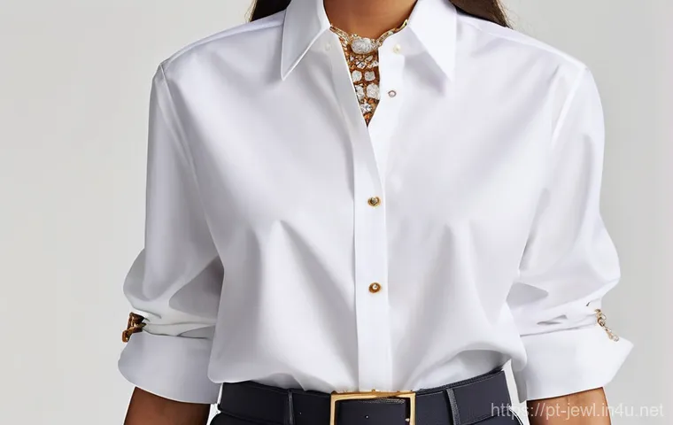 샤넬 브로치와 에르메스 브로치 비교 - ** She is wearing a crisp, oversized white button-down shirt. A sparkling, medium-sized brooch (e.g....