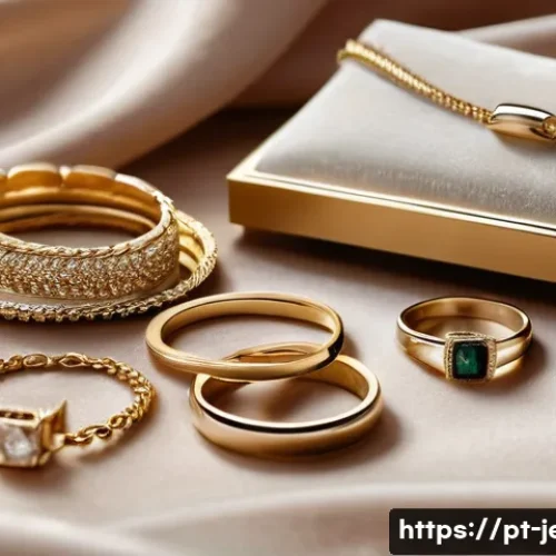 다양한 금속 소재 쥬얼리 관리법 - A close-up shot of elegant gold jewelry pieces such as rings, bracelets, and necklaces displayed on ...