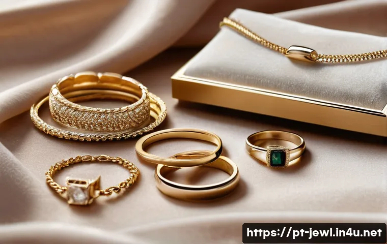 다양한 금속 소재 쥬얼리 관리법 - A close-up shot of elegant gold jewelry pieces such as rings, bracelets, and necklaces displayed on ...
