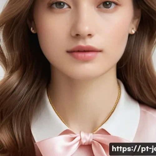 골드 체인과 실크 리본 조합 - A delicate close-up portrait of a young woman wearing a thin, elegant gold chain necklace paired wit...