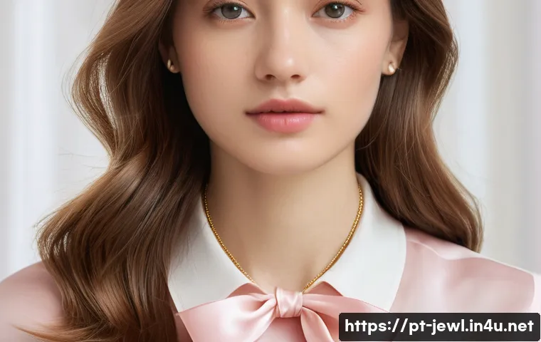 골드 체인과 실크 리본 조합 - A delicate close-up portrait of a young woman wearing a thin, elegant gold chain necklace paired wit...