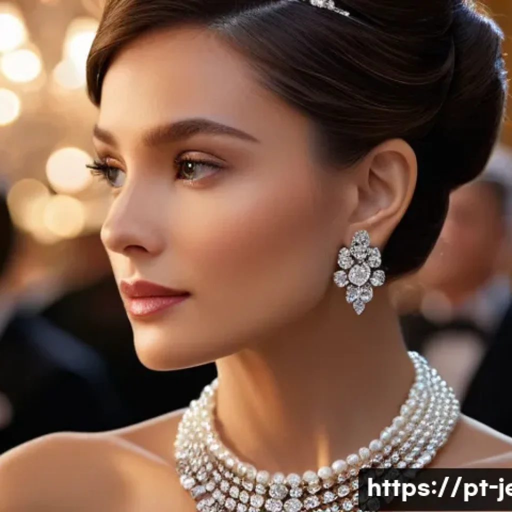 크리스탈 목걸이 스타일링 팁 - A sophisticated woman wearing a large, multifaceted clear crystal necklace that sparkles brilliantly...