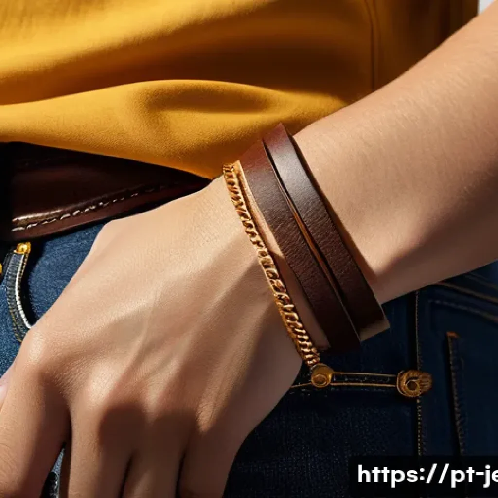 가죽 팔찌와 골드 체인 매치 - A close-up of a stylish wrist adorned with a dark brown natural leather bracelet paired with a thin,...