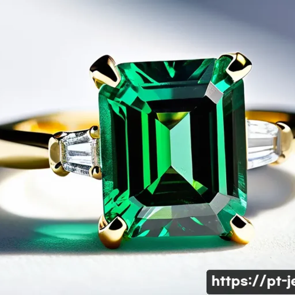 에메랄드 반지 스펙과 가격 - A close-up image of an elegant emerald ring featuring a vibrant, intense green emerald with balanced...