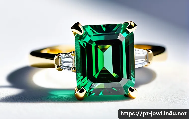 에메랄드 반지 스펙과 가격 - A close-up image of an elegant emerald ring featuring a vibrant, intense green emerald with balanced...