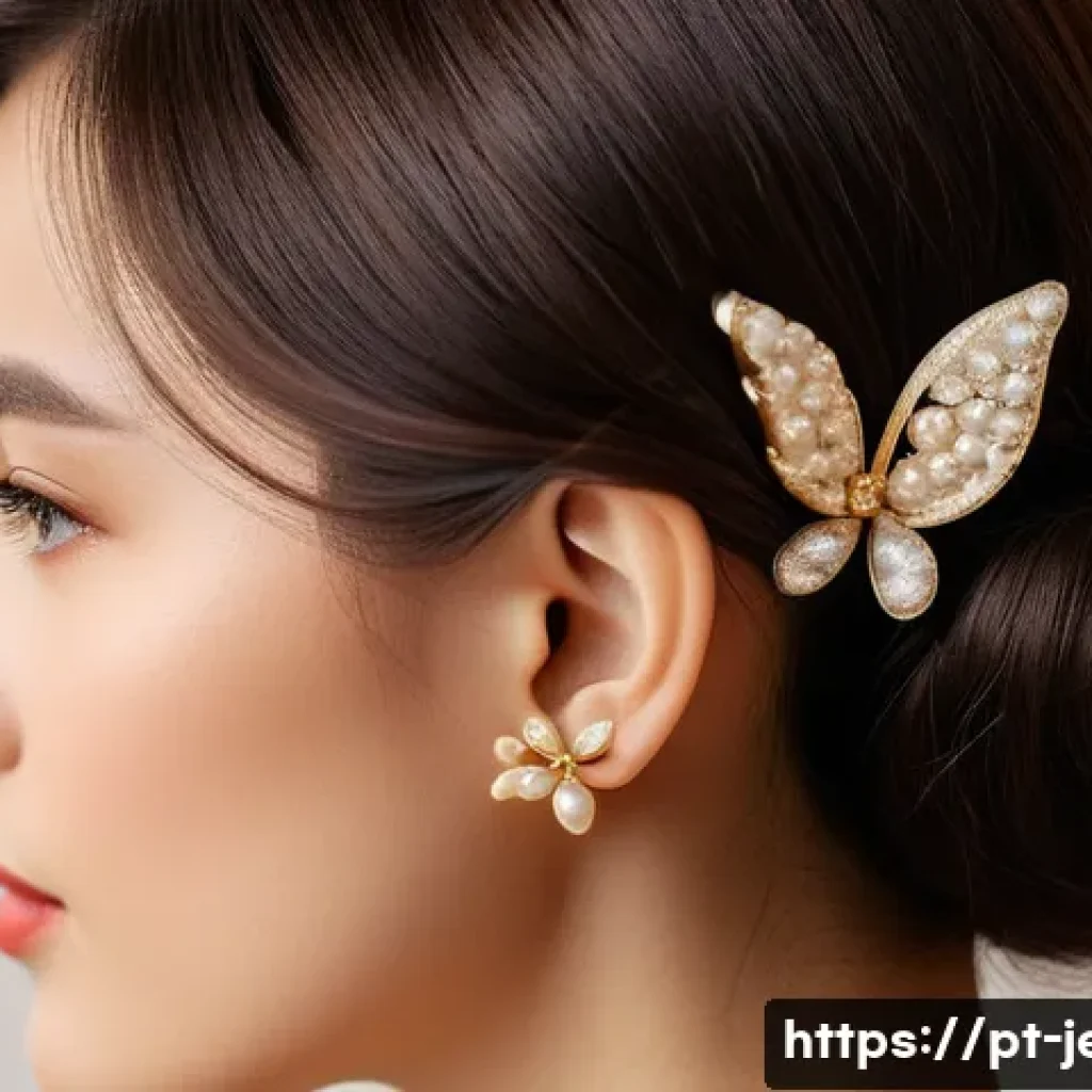 명품 헤어 액세서리 추천 - A sophisticated young woman with smooth, dark brown hair styled elegantly, wearing a pearl hair clip...