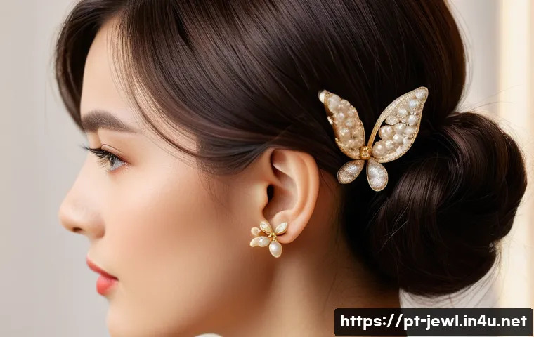 명품 헤어 액세서리 추천 - A sophisticated young woman with smooth, dark brown hair styled elegantly, wearing a pearl hair clip...