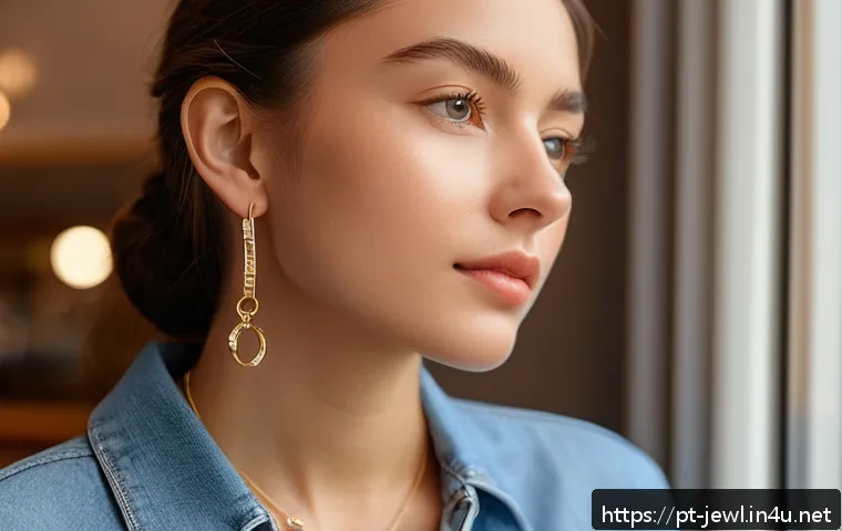 매일 착용 가능한 심플 쥬얼리 - A close-up image of a stylish young woman wearing minimalistic jewelry: delicate 18k gold small hoop...