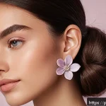 Home 21 플로랄 패턴 귀걸이 디자인 - A close-up portrait of a young woman wearing delicate small floral earrings made of silver with subt...