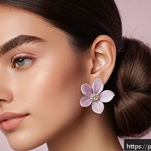 Home 33 플로랄 패턴 귀걸이 디자인 - A close-up portrait of a young woman wearing delicate small floral earrings made of silver with subt...