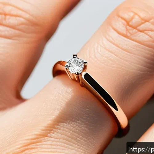 Home 31 심플한 골드 링 추천 - A close-up image of a delicate rose gold minimalist ring on a slender hand with light skin tone, fea...