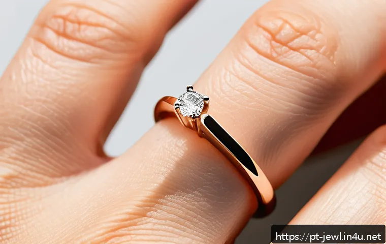 심플한 골드 링 추천 - A close-up image of a delicate rose gold minimalist ring on a slender hand with light skin tone, fea...
