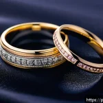 Home 18 명품 브랜드 웨딩 반지 비교 - A close-up image of three wedding rings displayed elegantly on a dark velvet surface, showcasing dis...