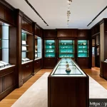 Home 23 명품 쥬얼리 리세일 가이드 - A sophisticated Brazilian luxury jewelry boutique interior showcasing a display of exclusive, ethica...