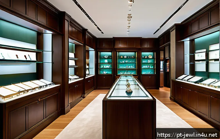 명품 쥬얼리 리세일 가이드 - A sophisticated Brazilian luxury jewelry boutique interior showcasing a display of exclusive, ethica...