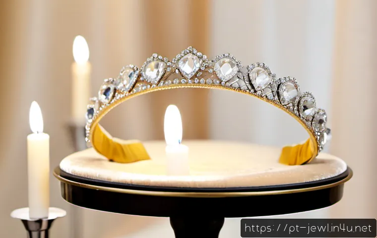 고급스러운 파티용 헤어밴드 - Photorealistic luxury party headband displayed on a champagne-colored velvet jewelry stand, crystal ...